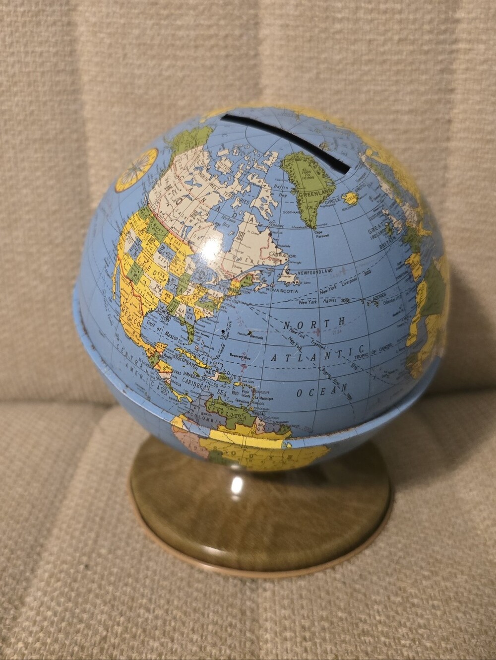 Vintage Collectible Tin Litho Globe Coin Bank | Ohio Art Company
